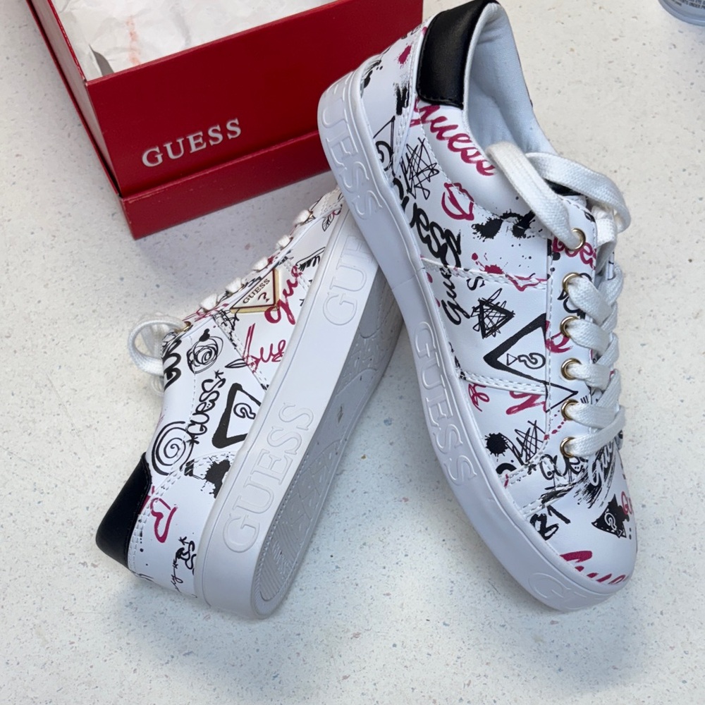 Guess White Sneakers with Black and Red Graphics